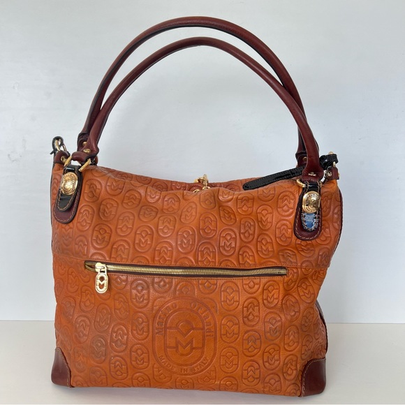 MARINO ORLANDI Italy Monogram Cognac Brown Leather Oversized Hobo Shoulder Bag - Picture 5 of 15